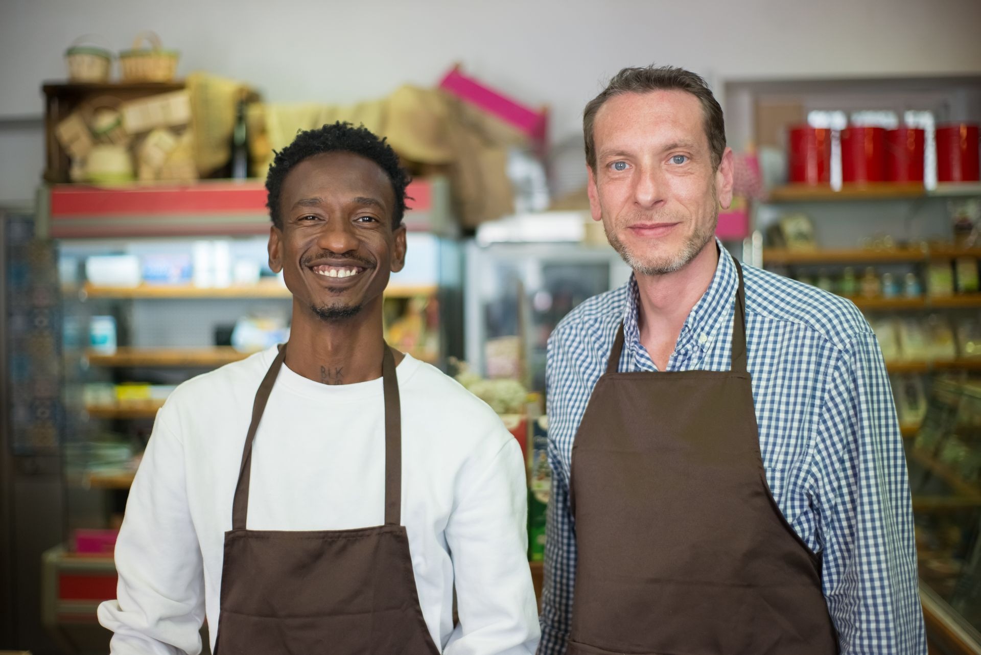 Grocery store co-owners smiling in their shop, aprons on, warm interior — small business operators.